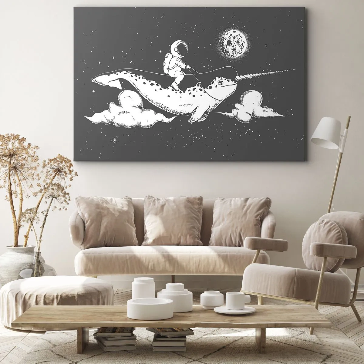 Cuadro sobre lienzo - Impresión de Imagen - Un astronauta en el lomo de un narval flotando en una escena espacial. - 120x80cm - Jinete espacial - Decoración de pared moderna para salón y dormitorio ARTTOR