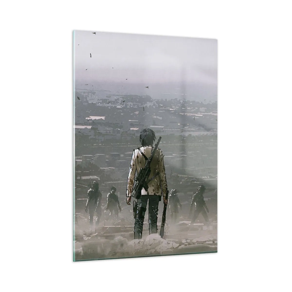 Cuadro sobre vidrio - Impresiones sobre Vidrio - Una figura con un rifle en el oscuro escenario de un grupo que se acerca. - 50x70cm - Soy leyenda - Decoración de pared moderna para salón y dormitorio ARTTOR