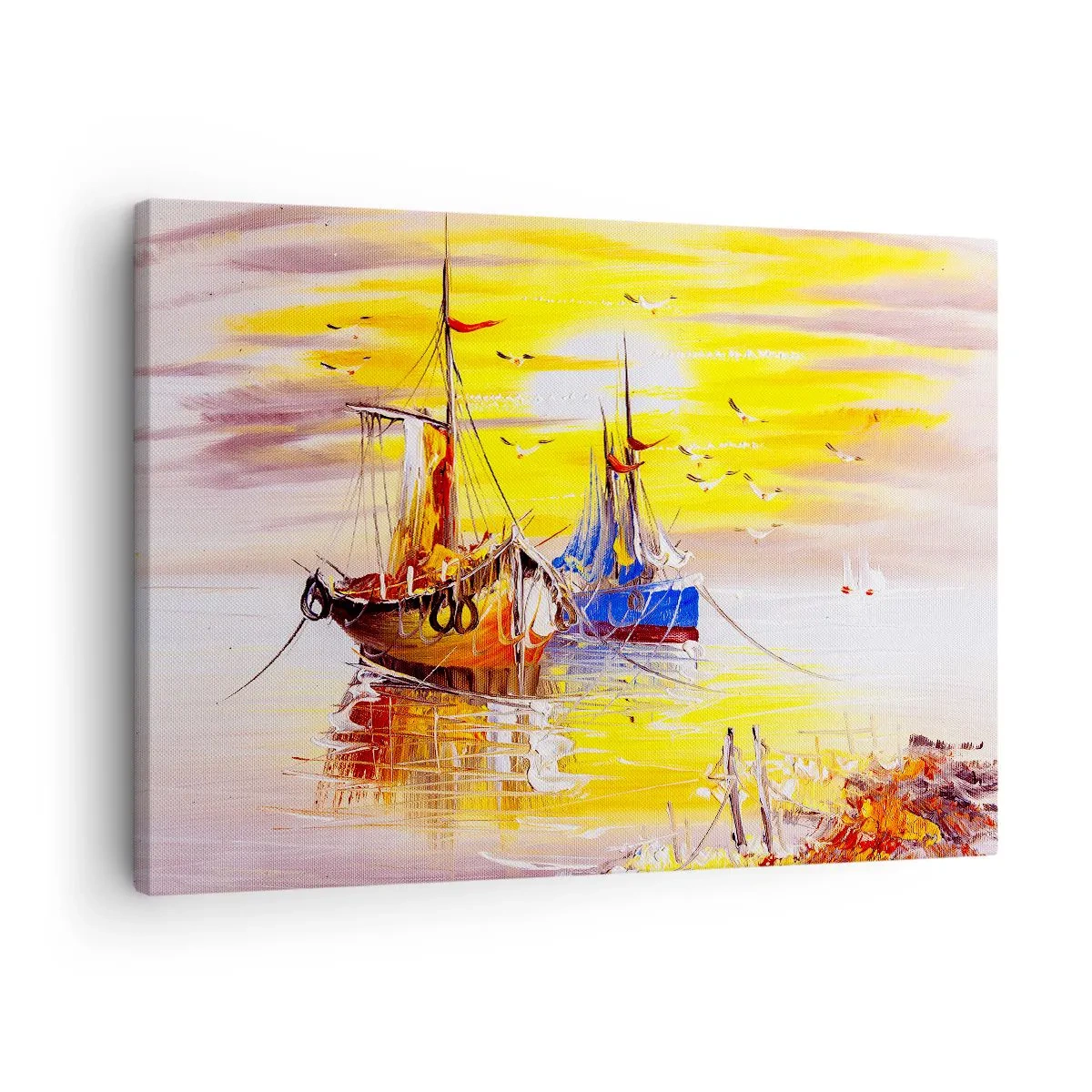 Cuadro sobre lienzo - Impresión de Imagen - Una escena pictórica de barcos en un mar en calma. - 70x50cm - Un merecido descanso en el puerto - Decoración de pared moderna para salón y dormitorio ARTTOR