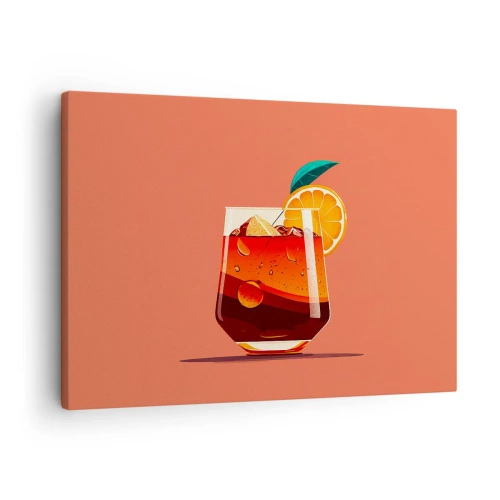 Cuadro sobre lienzo - Impresión de Imagen - Un vaso de bebida y una rodaja de naranja sobre un fondo naranja. - 70x50cm - Refresco de verano - Decoración de pared moderna para salón y dormitorio ARTTOR