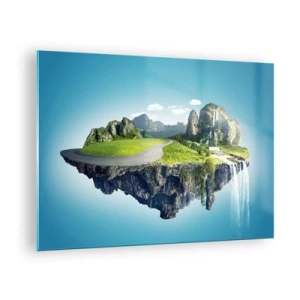 Cuadro sobre vidrio - Impresiones sobre Vidrio - Una isla flotante con montañas, una cascada y vegetación. - 70x50cm - Isla fantástica - Decoración de pared moderna para salón y dormitorio ARTTOR
