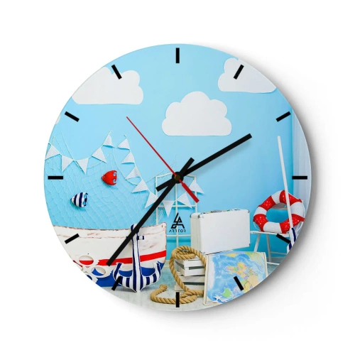 Reloj de pared - Reloj de vidrio - Tema náutico con fondo azul. - 30x30cm - El ansia de aventura de un niño - Decoración de pared moderna para salón, cocina y dormitorio ARTTOR