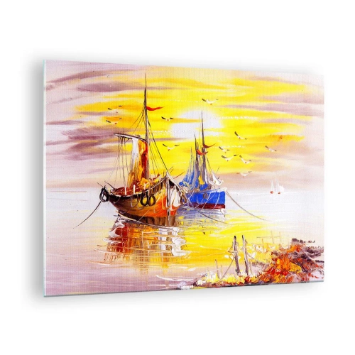 Cuadro sobre vidrio - Impresiones sobre Vidrio - Barcos de pesca al atardecer en aguas tranquilas - 70x50cm - Un merecido descanso en el puerto - Decoración de pared moderna para salón y dormitorio ARTTOR