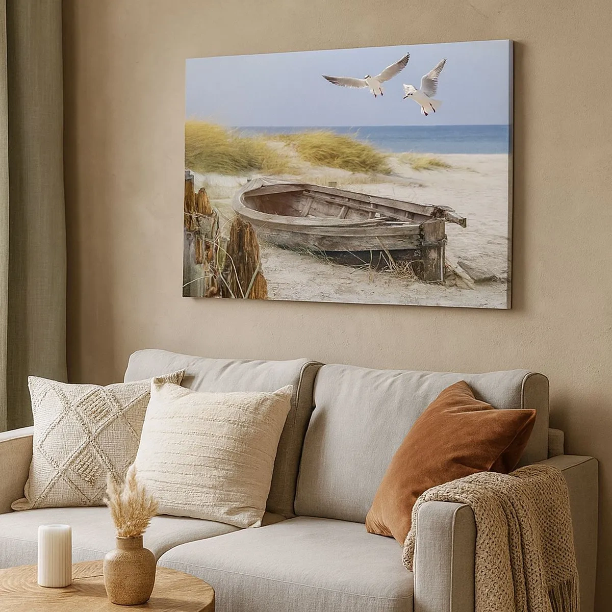 Cuadro sobre lienzo - Impresión de Imagen - Barco abandonado en una playa con gaviotas - 70x50cm - Bañada por el viento - Decoración de pared moderna para salón y dormitorio ARTTOR