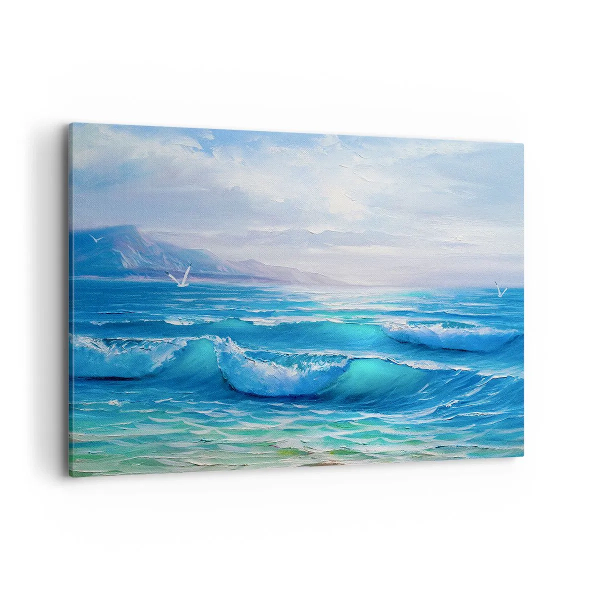 Cuadro sobre lienzo - Impresión de Imagen - Un pintoresco paisaje marino con olas y un cielo azul. - 120x80cm - Trae consuelo - Decoración de pared moderna para salón y dormitorio ARTTOR