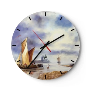 Reloj de pared - Reloj de vidrio - Veleros en aguas tranquilas con vistas a un molino de viento. - 30x30cm - El regreso de los marineros - Decoración de pared moderna para salón, cocina y dormitorio ARTTOR