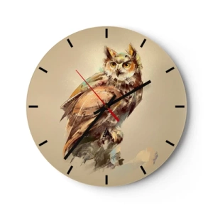 Reloj de pared - Reloj de vidrio - Retrato artístico de un búho sobre un fondo beige. - 30x30cm - Sabiduría de búho - Decoración de pared moderna para salón, cocina y dormitorio ARTTOR