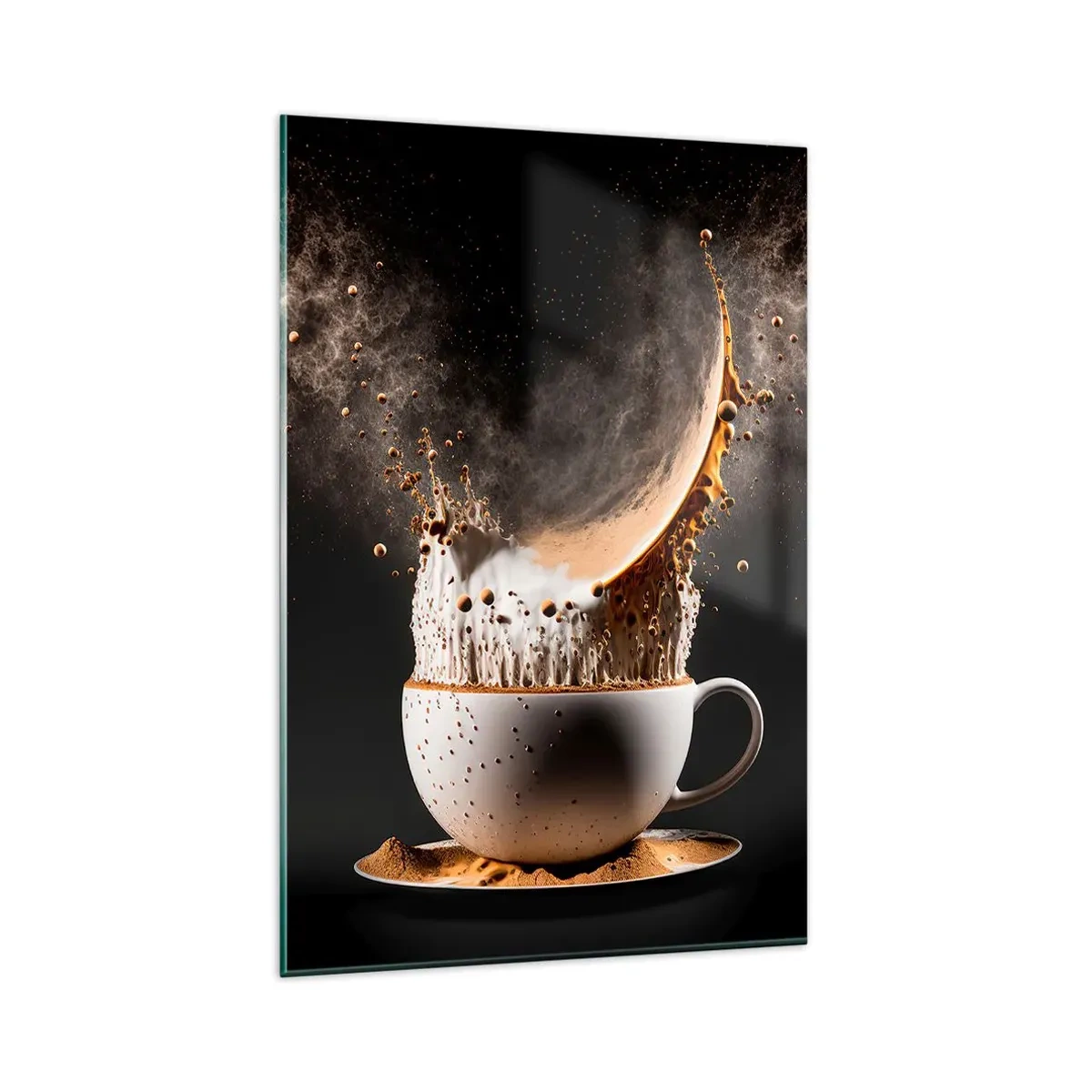Cuadro sobre vidrio - Impresiones sobre Vidrio - Una taza de café con una explosión dinámica de líquido sobre un fondo negro. - 80x120cm - Una explosión de sabor - Decoración de pared moderna para salón y dormitorio ARTTOR