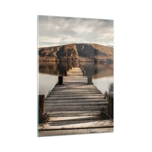 Cuadro sobre vidrio - Impresiones sobre Vidrio - Un embarcadero de madera sobre un lago con vistas a las montañas al fondo. - 50x70cm - Un paisaje en silencio - Decoración de pared moderna para salón y dormitorio ARTTOR