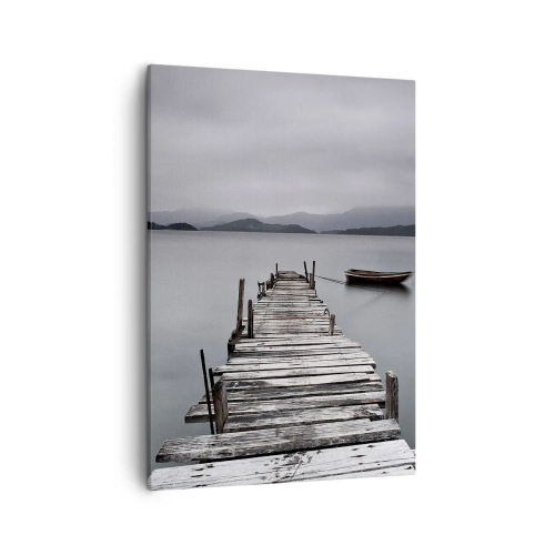 Cuadro sobre lienzo - Impresión de Imagen - Un puente de madera que conduce a la tranquila superficie del lago. - 50x70cm - Mañana partimos - Decoración de pared moderna para salón y dormitorio ARTTOR