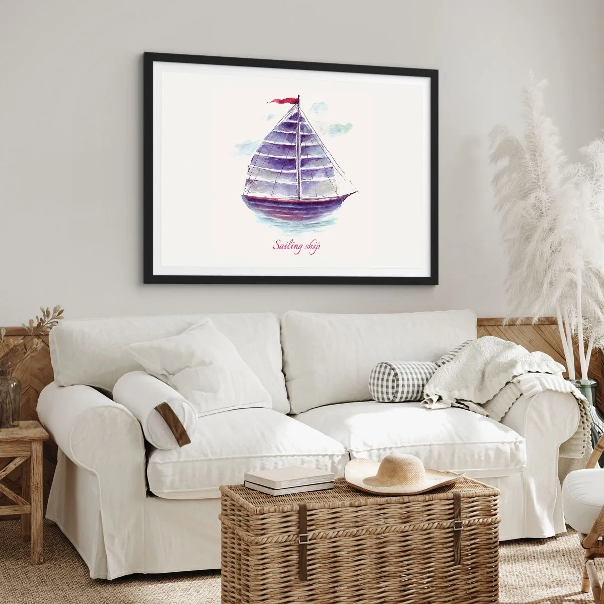 Póster en marco negro - Una pintura de acuarela de un velero en el agua con una delicada inscripción. - 70x50cm - Velas izadas y aguas tranquilas - Decoración de pared moderna para salón y dormitorio ARTTOR