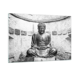 Cuadro sobre vidrio - Impresiones sobre Vidrio - Estatua en blanco y negro de Buda en pose meditativa. - 120x80cm - En la fuente de la paz - Decoración de pared moderna para salón y dormitorio ARTTOR