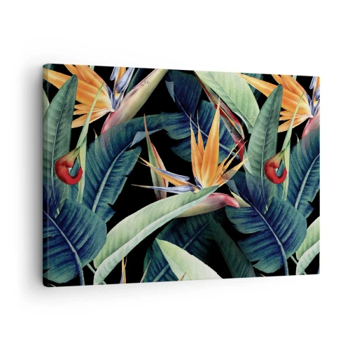 Cuadro sobre lienzo - Impresión de Imagen - Flores y hojas tropicales sobre fondo negro. - 70x50cm - Flores de llamas de los trópicos - Decoración de pared moderna para salón y dormitorio ARTTOR