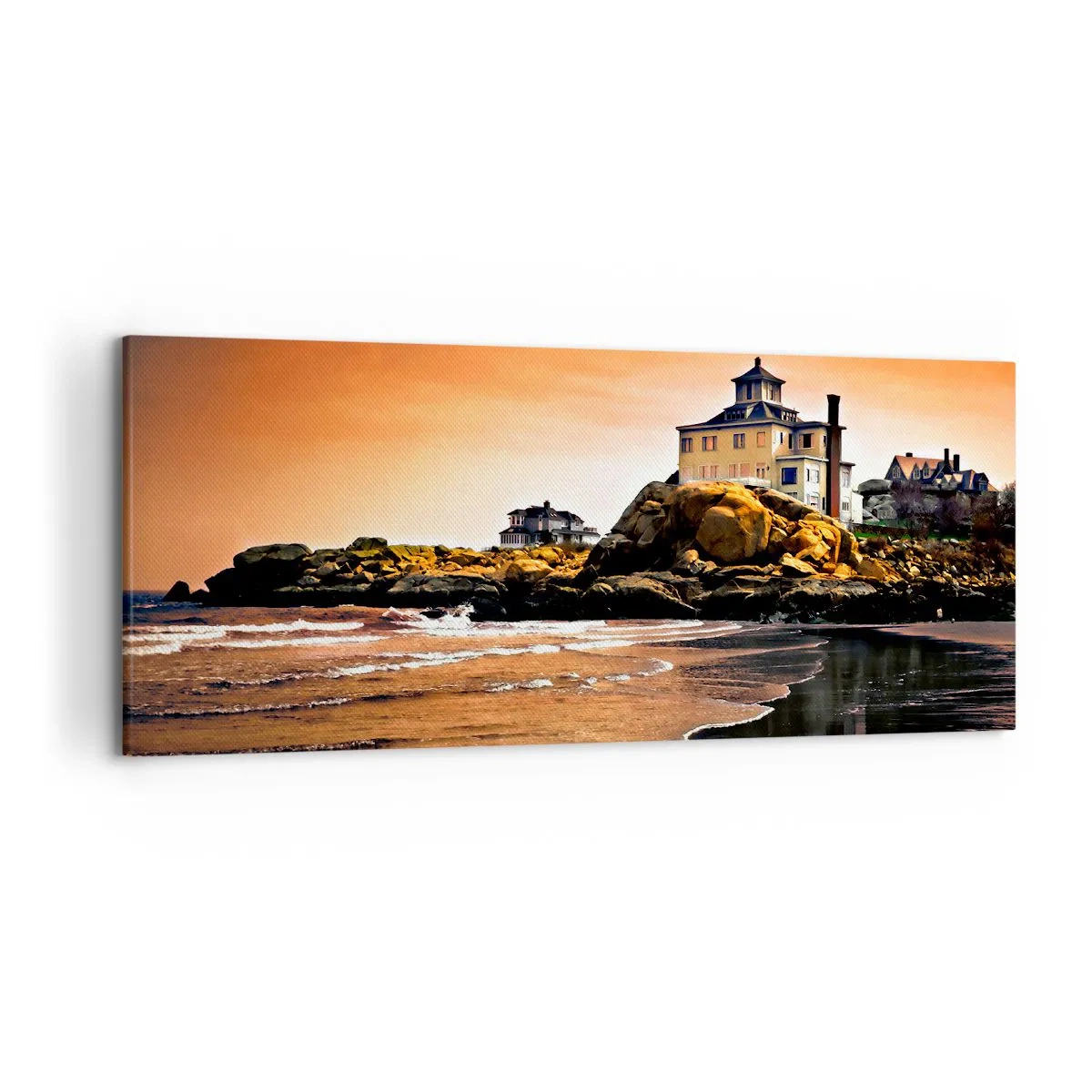 Cuadro sobre lienzo - Impresión de Imagen - Una casa sobre una roca junto a la playa al atardecer con su reflejo en el agua. - 120x50cm - La elegancia de la costa oeste - Decoración de pared moderna para salón y dormitorio ARTTOR