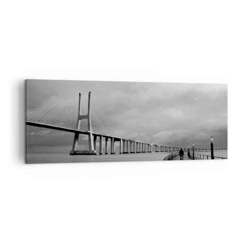 Cuadro sobre lienzo - Impresión de Imagen - Un puente colgante sobre el agua en blanco y negro. - 140x50cm - A cada uno lo suyo - Decoración de pared moderna para salón y dormitorio ARTTOR