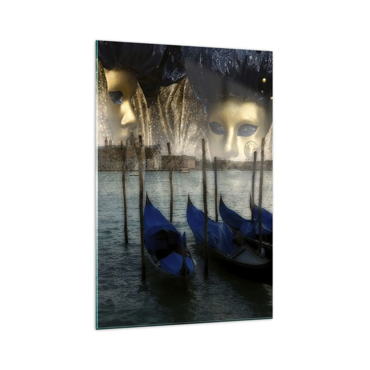 Cuadro sobre vidrio - Impresiones sobre Vidrio - Máscaras de carnaval veneciano y góndolas con la ciudad y el agua como telón de fondo. - 70x100cm - El tiempo de carnaval ha comenzado - Decoración de pared moderna para salón y dormitorio ARTTOR