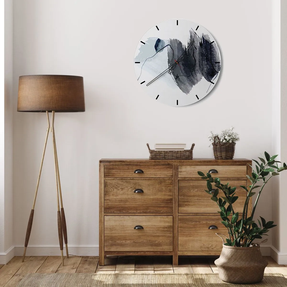 Reloj de pared - Reloj de vidrio - Manchas de acuarela de color azul oscuro sobre un fondo claro - 30x30cm - Intensidad y movimiento - Decoración de pared moderna para salón, cocina y dormitorio ARTTOR