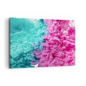 Cuadro sobre lienzo - Impresión de Imagen - Ondas coloridas de color turquesa y rosa en forma abstracta. - 100x70cm - Un choque decisivo - Decoración de pared moderna para salón y dormitorio ARTTOR