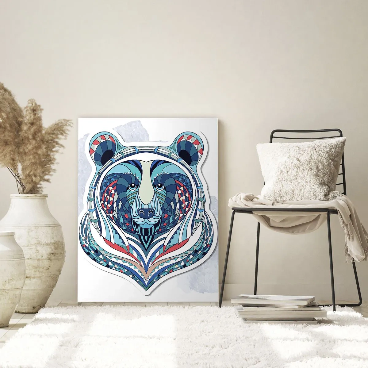 Cuadro sobre vidrio - Impresiones sobre Vidrio - Un retrato geométrico y colorido de un oso de peluche. - 50x70cm - ¡Viva Groenlandia! - Decoración de pared moderna para salón y dormitorio ARTTOR
