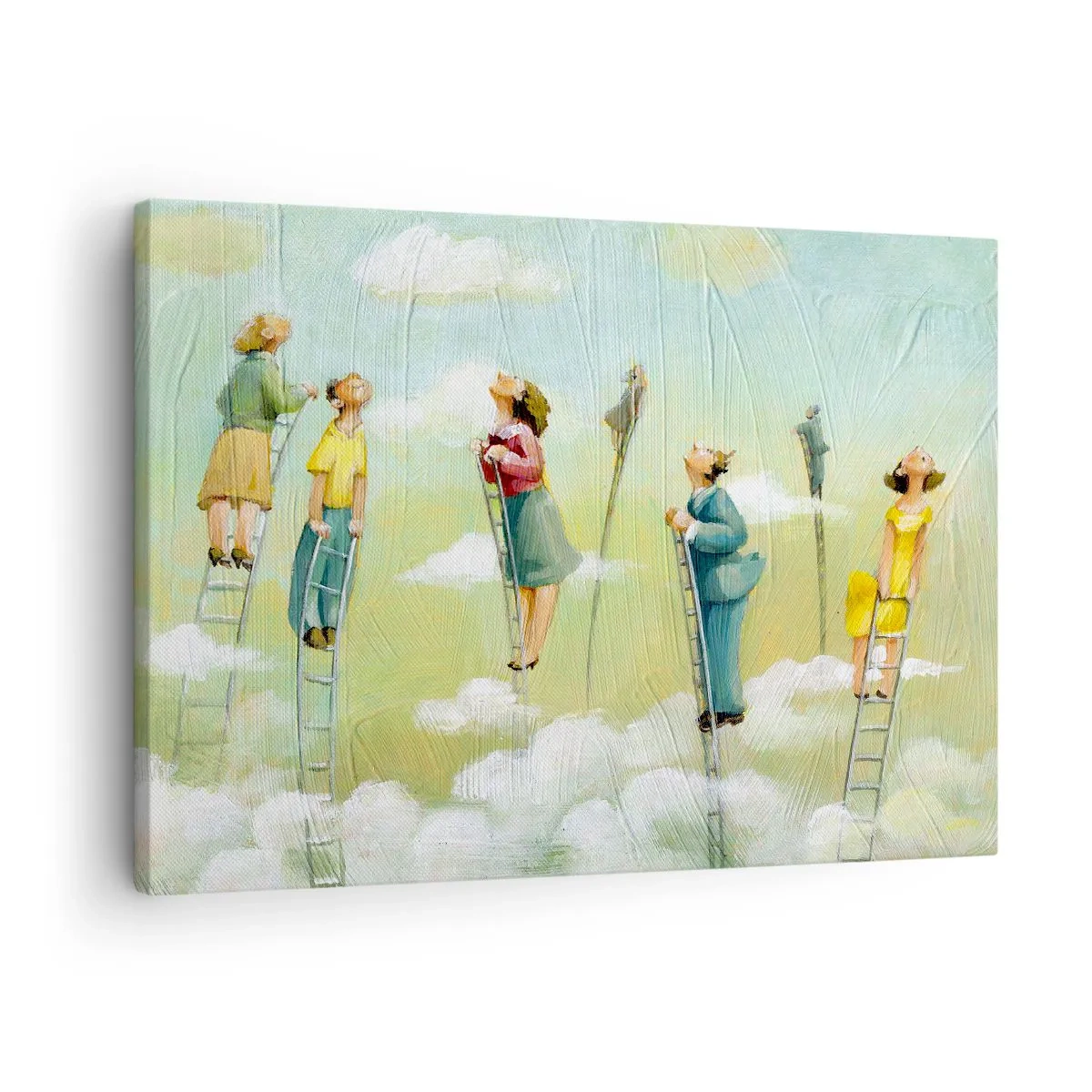 Cuadro sobre lienzo - Impresión de Imagen - Figuras subiendo escaleras entre nubes sobre un fondo pastel. - 70x50cm - Sigue tu sueño - Decoración de pared moderna para salón y dormitorio ARTTOR