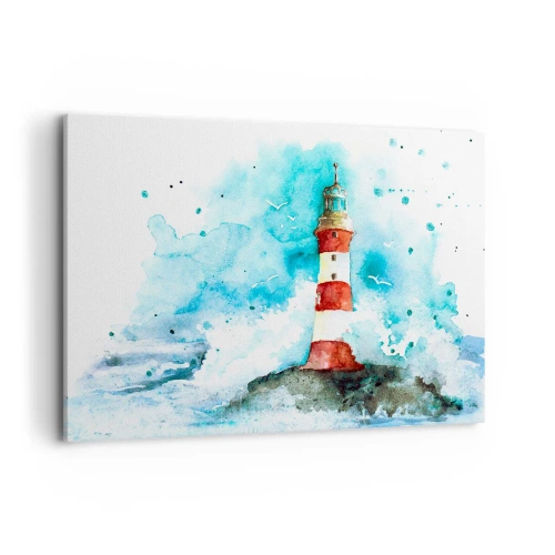 Cuadro sobre lienzo - Impresión de Imagen - Un faro en un entorno de acuarela con un fondo azul. - 100x70cm - La unidad de los elementos - Decoración de pared moderna para salón y dormitorio ARTTOR