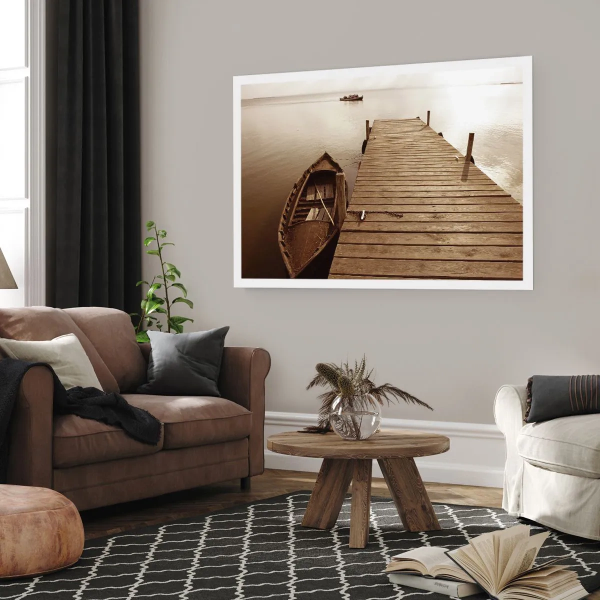 Póster - Muelle de madera y barco en un lago tranquilo - 100x70cm - La auténtica paz - Decoración de pared moderna para salón y dormitorio ARTTOR