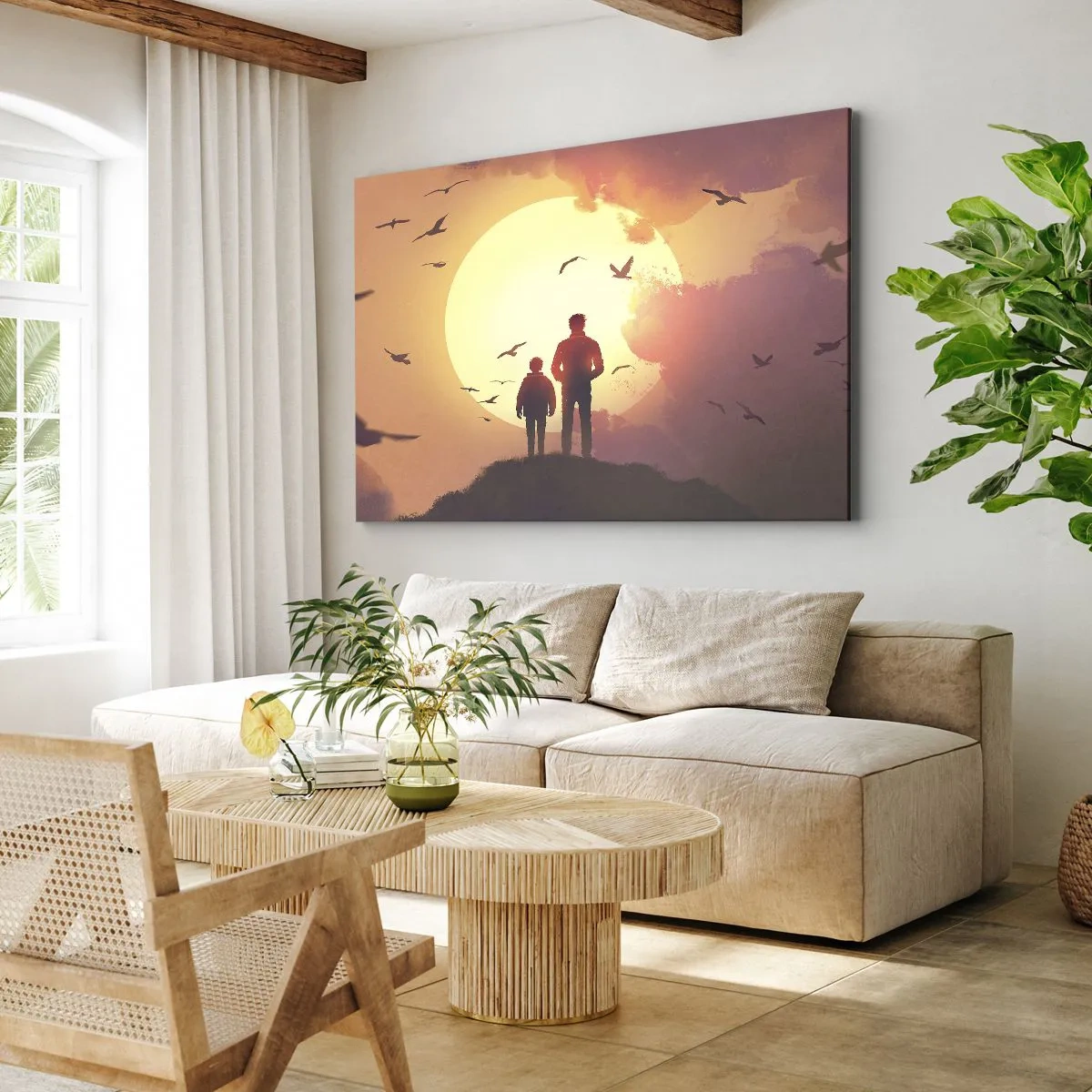 Cuadro sobre lienzo - Impresión de Imagen - Figuras con el sol poniente como telón de fondo - 120x80cm - Cara a cara con el sol - Decoración de pared moderna para salón y dormitorio ARTTOR
