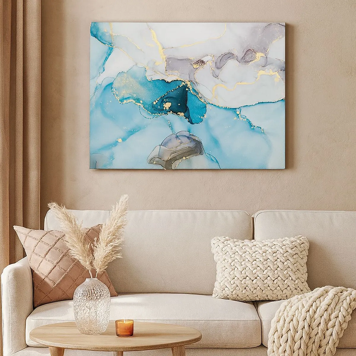 Cuadro sobre lienzo - Impresión de Imagen - Abstracción en tonos azules y dorados con líneas sutiles. - 70x50cm - Un estudio del encuentro entre el gris y el turquesa - Decoración de pared moderna para salón y dormitorio ARTTOR