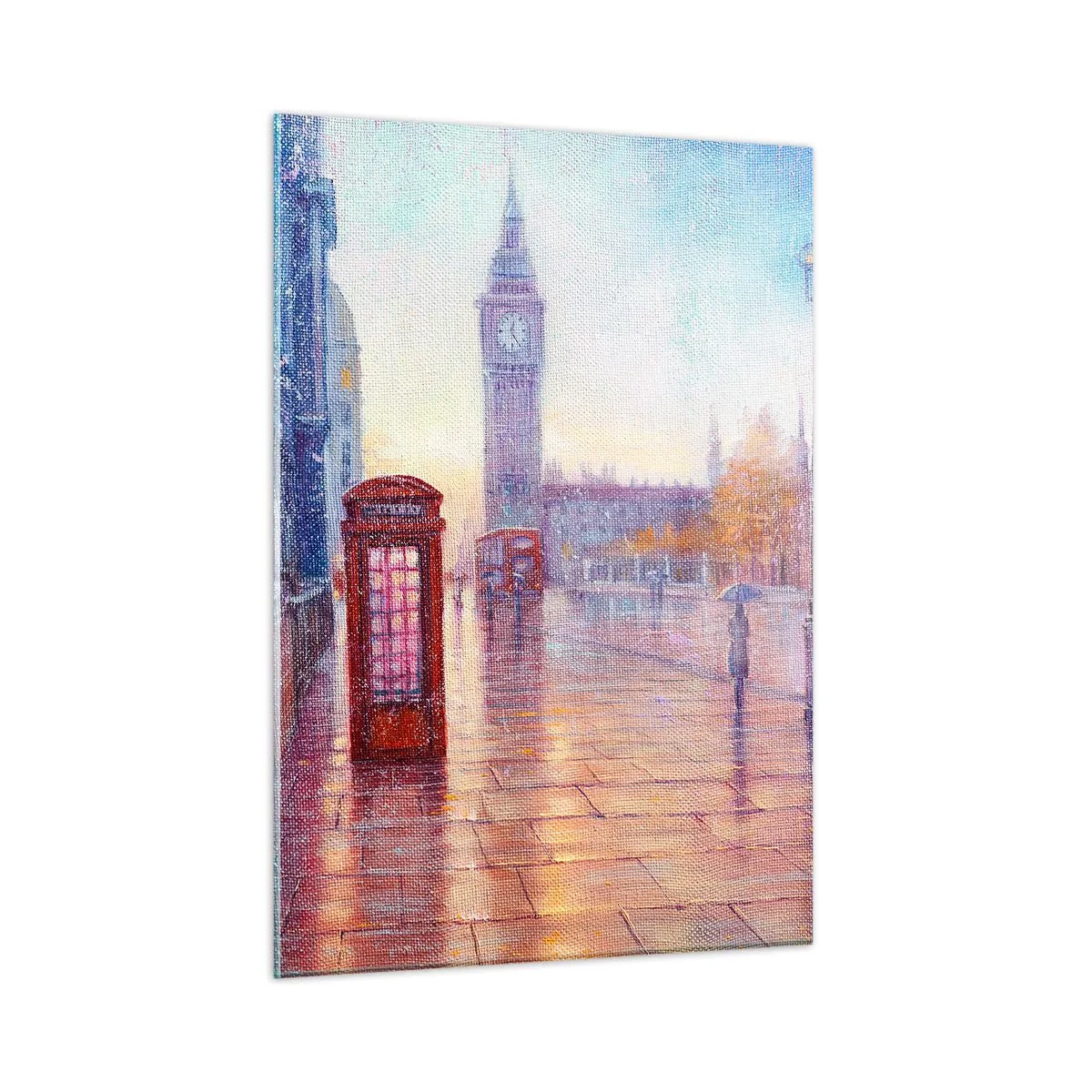 Cuadro sobre vidrio - Impresiones sobre Vidrio - Escena londinense bajo la lluvia con el Big Ben y la caja roja - 50x70cm - Un día de otoño en Londres - Decoración de pared moderna para salón y dormitorio ARTTOR