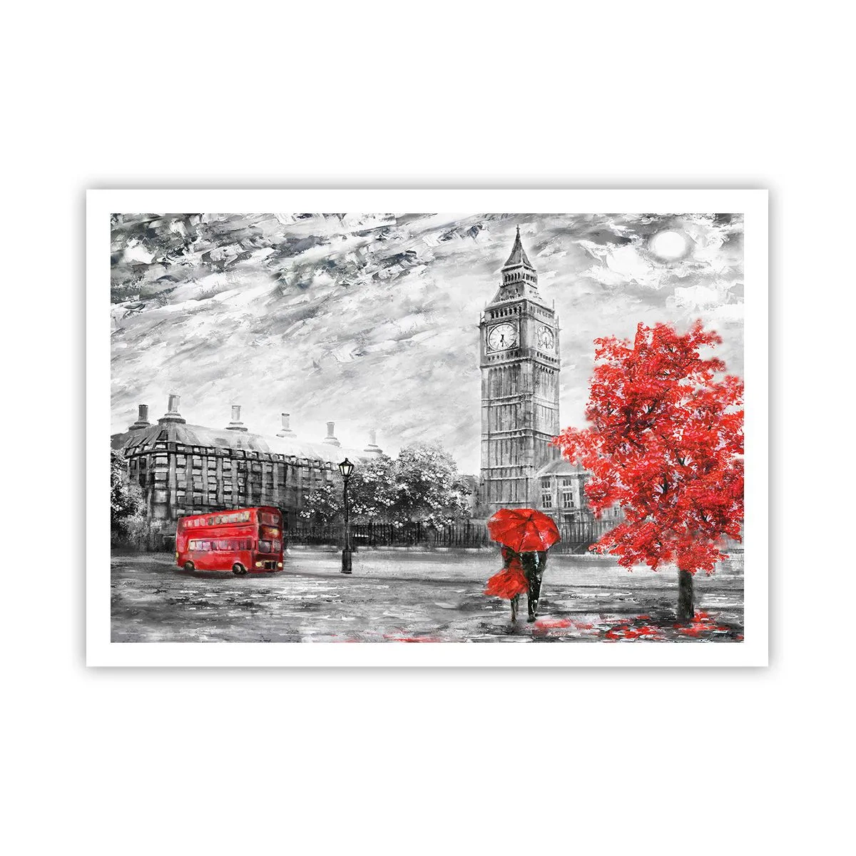 Póster - Vista icónica de Londres con el Big Ben, un autobús rojo y un paraguas. - 100x70cm - Un día emocionante - Decoración de pared moderna para salón y dormitorio ARTTOR