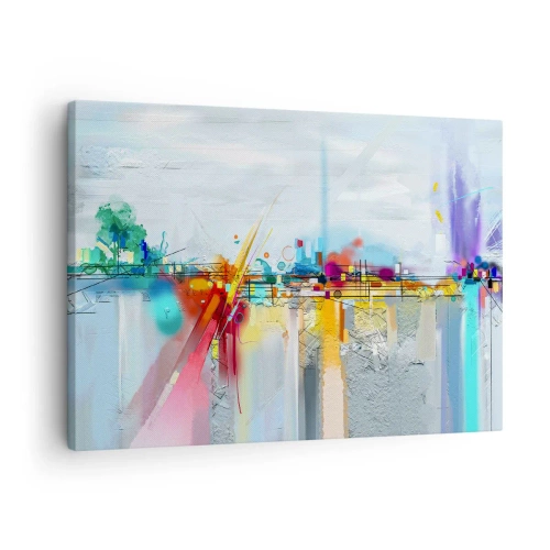 Cuadro sobre lienzo - Impresión de Imagen - Paisaje abstracto con acentos coloridos. - 70x50cm - Un puente de alegría sobre el río de la vida - Decoración de pared moderna para salón y dormitorio ARTTOR