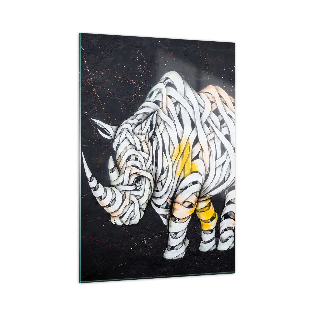 Cuadro sobre vidrio - Impresiones sobre Vidrio - Dibujo abstracto de un rinoceronte en forma de rayas. - 50x70cm - El mito de la momia rinoceronte - Decoración de pared moderna para salón y dormitorio ARTTOR