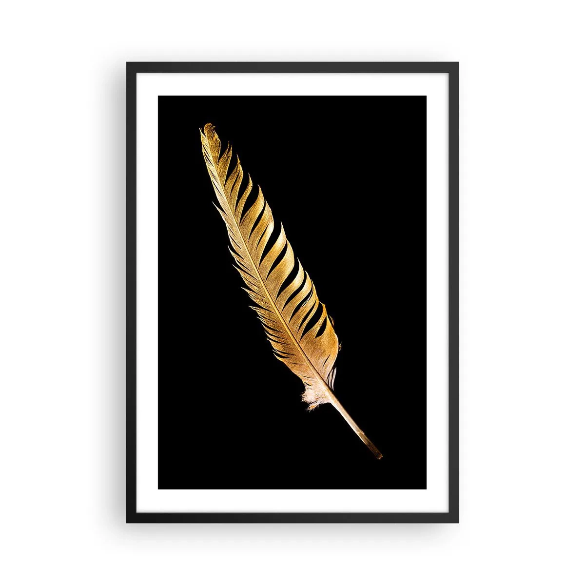 Póster en marco negro - Pluma dorada sobre fondo negro - 50x70cm - Pluma de alta calidad - Decoración de pared moderna para salón y dormitorio ARTTOR