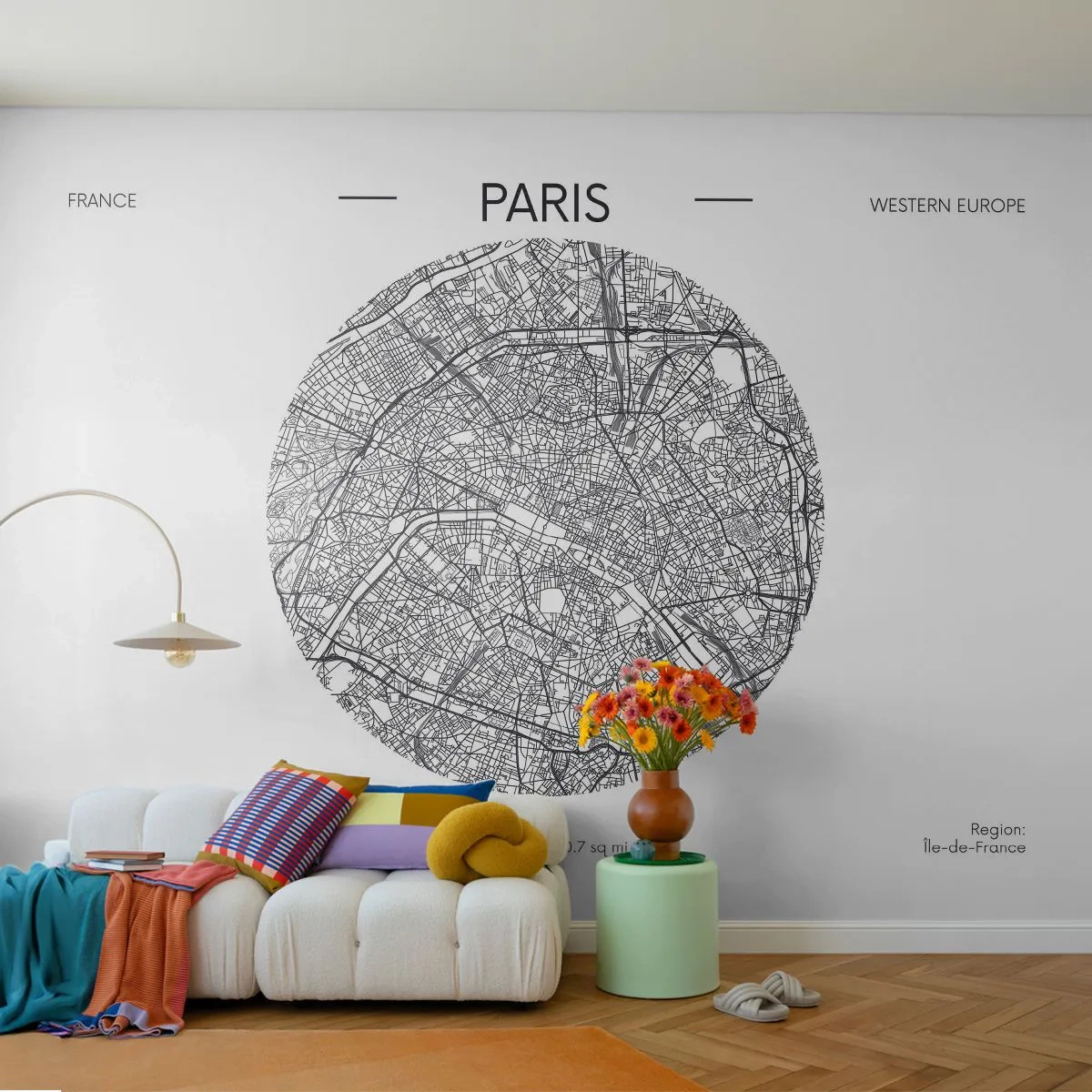Fotomural Premium Sand - Un mapa de París en forma de círculo sobre un fondo blanco. - 100x70cm - Anatomía de París - Decoración de pared moderna para salón y dormitorio ARTTOR