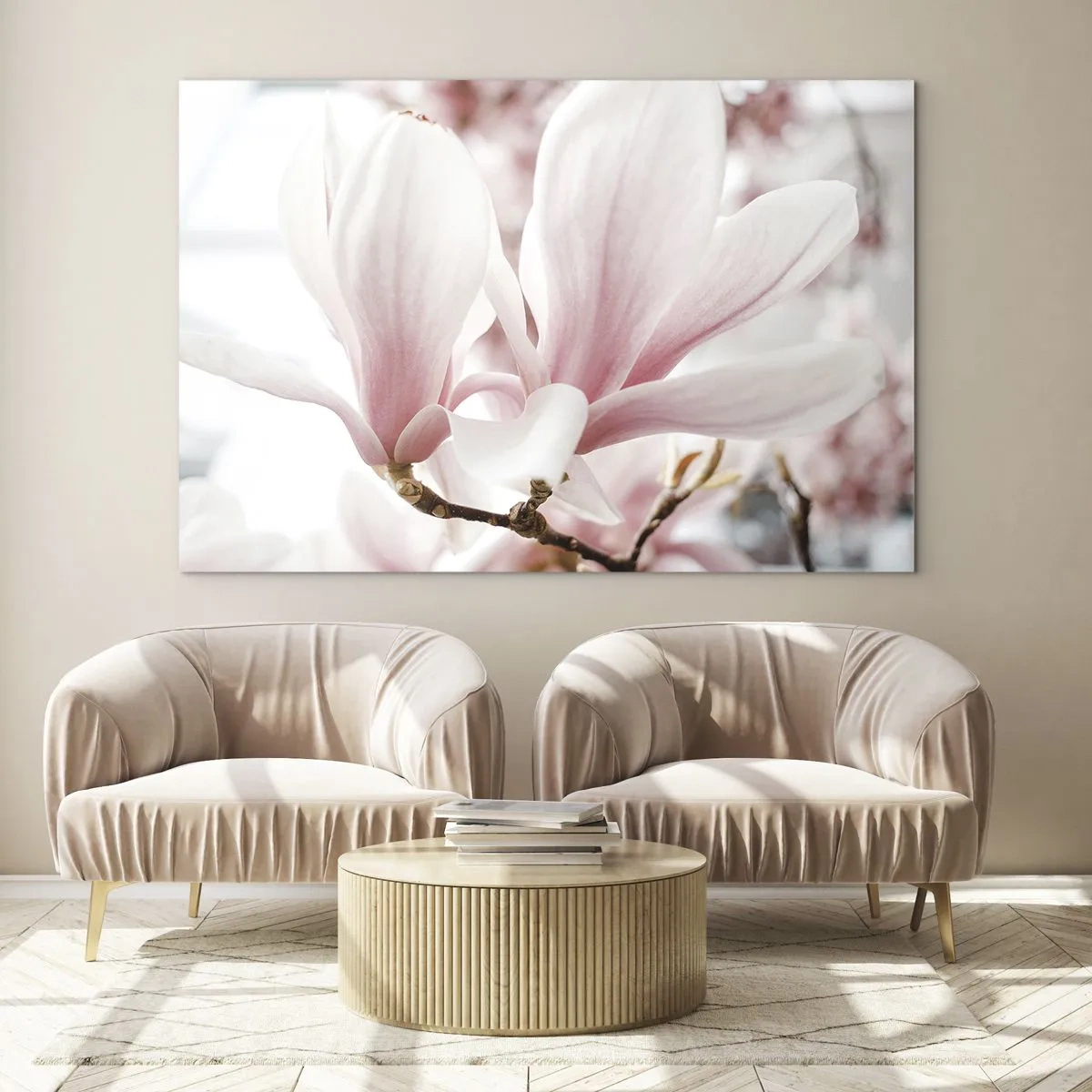 Cuadro sobre vidrio - Impresiones sobre Vidrio - Delicadas magnolias rosadas en primer plano sobre un fondo borroso - 100x70cm - Inmensidad de la ternura - Decoración de pared moderna para salón y dormitorio ARTTOR