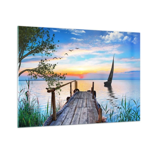Cuadro sobre vidrio - Impresiones sobre Vidrio - Un embarcadero junto al lago al atardecer con un velero al fondo - 100x70cm - Que llegue la noche - Decoración de pared moderna para salón y dormitorio ARTTOR