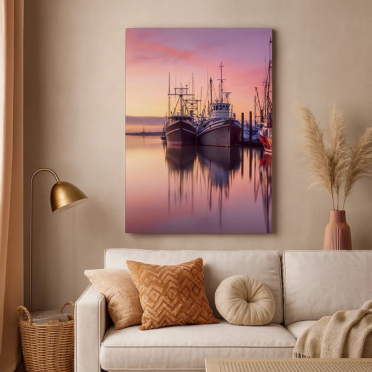 Cuadro sobre lienzo - Impresión de Imagen - Barcos de pesca en el puerto al atardecer - 50x70cm - Descanso antes de partir - Decoración de pared moderna para salón y dormitorio ARTTOR