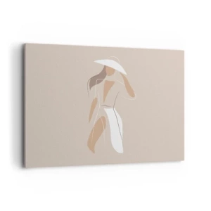Cuadro sobre lienzo - Impresión de Imagen - Un dibujo minimalista de una mujer con sombrero sobre un fondo beige. - 120x80cm - La moda es alegría - Decoración de pared moderna para salón y dormitorio ARTTOR