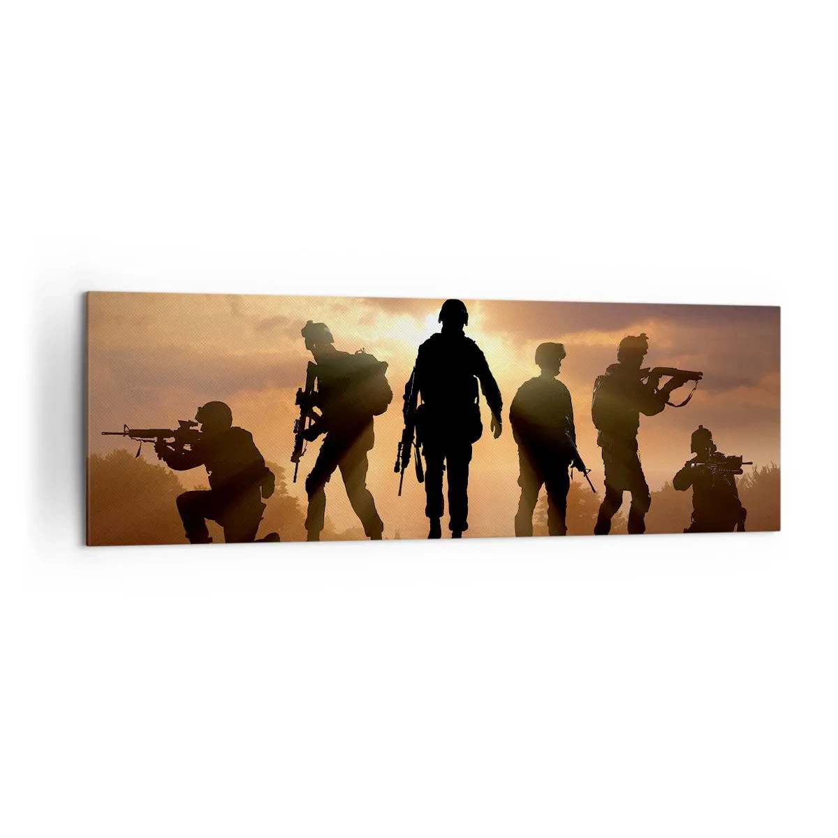 Cuadro sobre lienzo - Impresión de Imagen - Soldados con el sol poniente como telón de fondo en un entorno dinámico. - 160x50cm - Hermanos de armas - Decoración de pared moderna para salón y dormitorio ARTTOR