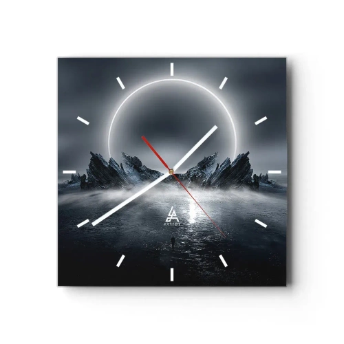 Reloj de pared - Reloj de vidrio - Paisaje misterioso con un anillo de luz sobre las montañas. - 30x30cm - El final del cuento - Decoración de pared moderna para salón y dormitorio ARTTOR