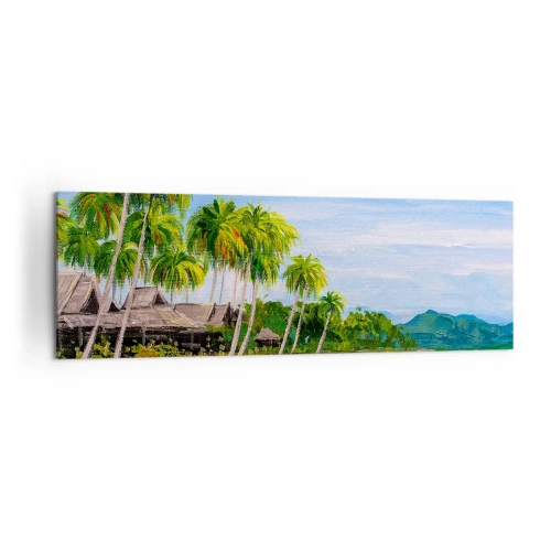 Cuadro sobre lienzo - Impresión de Imagen - Una playa exótica con palmeras y un barco en la orilla. - 160x50cm - Un sueño exótico - Decoración de pared moderna para salón y dormitorio ARTTOR