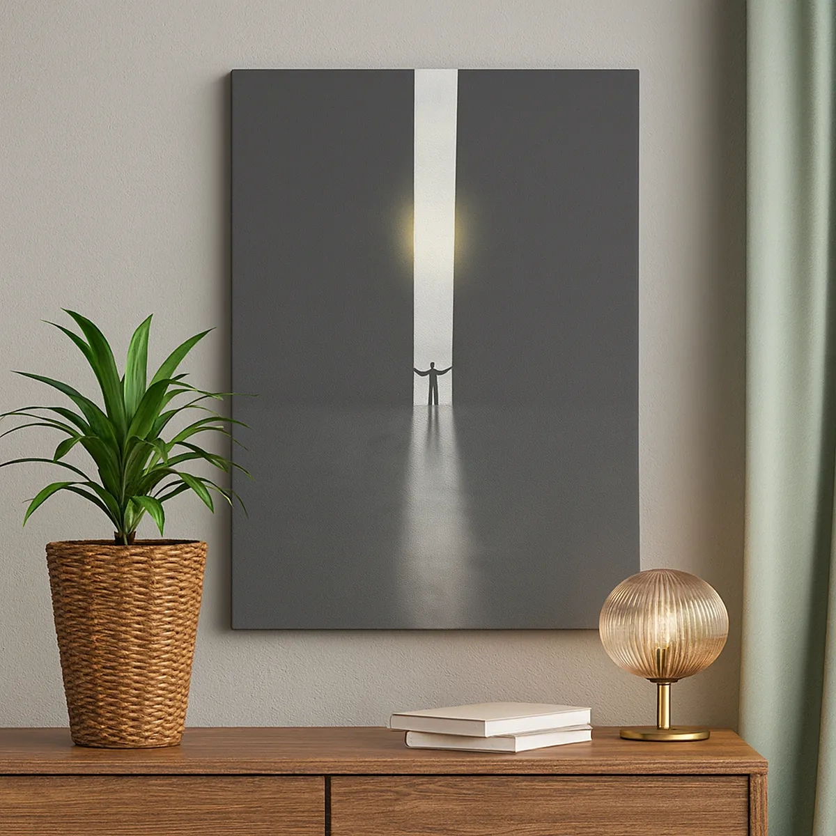 Cuadro sobre lienzo - Impresión de Imagen - Un hombre de pie a la luz de una estrecha rendija en un espacio oscuro. - 50x70cm - Un paso hacia un futuro brillante - Decoración de pared moderna para salón y dormitorio ARTTOR