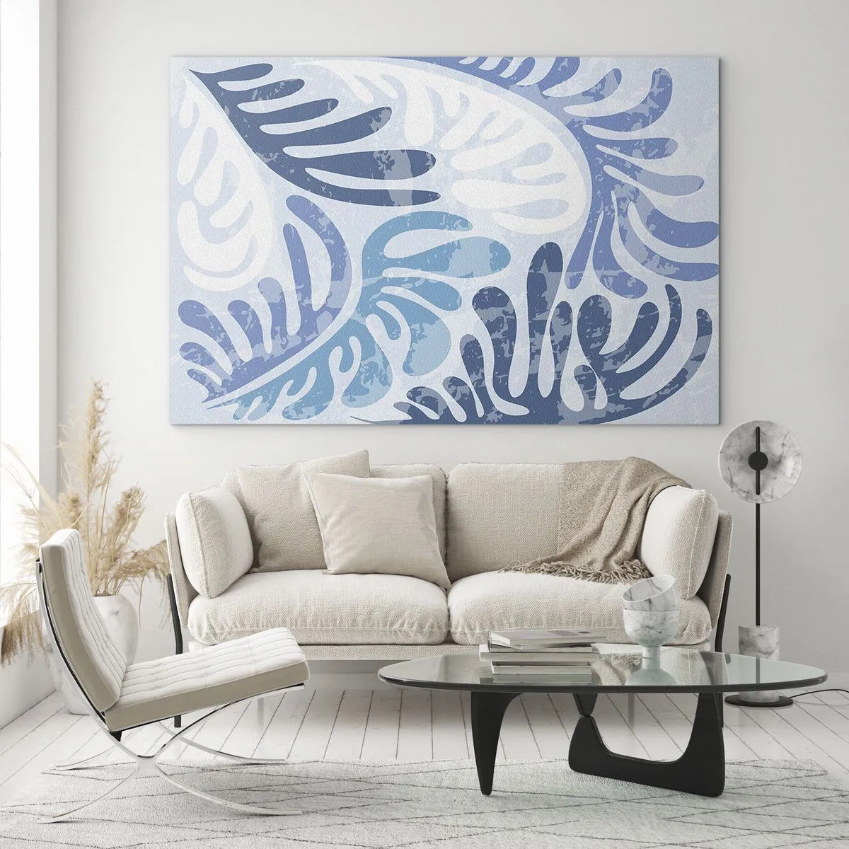 Cuadro sobre vidrio - Impresiones sobre Vidrio - Hojas de helecho decorativas en tonos azules sobre un fondo claro. - 70x50cm - Helechos azules - Decoración de pared moderna para salón y dormitorio ARTTOR