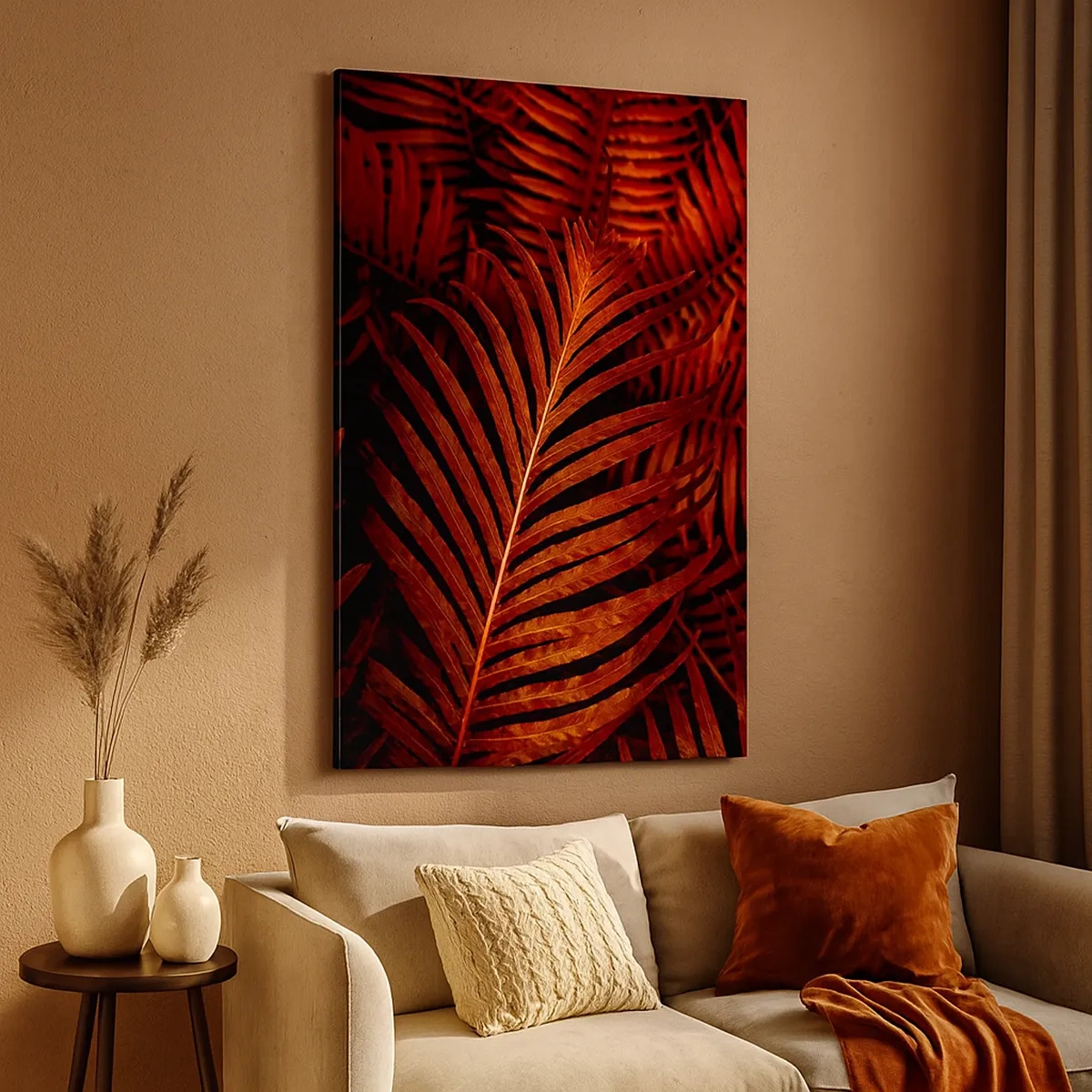 Cuadro sobre lienzo - Impresión de Imagen - Primer plano de hojas tropicales rojas - 50x70cm - Las brasas de la vida - Decoración de pared moderna para salón y dormitorio ARTTOR