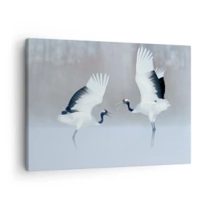 Cuadro sobre lienzo - Impresión de Imagen - Dos grullas bailando en un paisaje brumoso - 70x50cm - Danza en la niebla - Decoración de pared moderna para salón y dormitorio ARTTOR