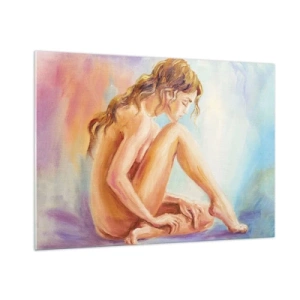 Cuadro sobre vidrio - Impresiones sobre Vidrio - Una mujer en un sutil reflejo sobre un fondo de colores pastel. - 100x70cm - Acto de juventud - Decoración de pared moderna para salón y dormitorio ARTTOR