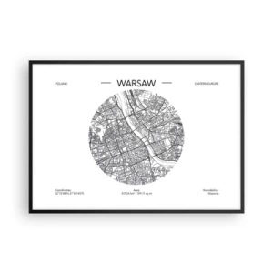 Póster en marco negro - Un mapa de Varsovia en estilo minimalista - 100x70cm - Anatomía de Varsovia - Decoración de pared moderna para salón y dormitorio ARTTOR