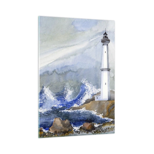 Cuadro sobre vidrio - Impresiones sobre Vidrio - Un faro junto a un mar tempestuoso en estilo acuarela. - 50x70cm - Contra la oscuridad y la tormenta - Decoración de pared moderna para salón y dormitorio ARTTOR