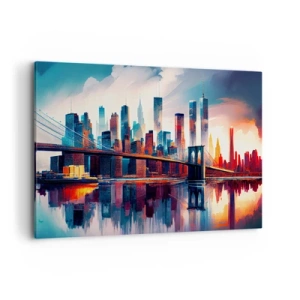 Cuadro sobre lienzo - Impresión de Imagen - Panorama de la ciudad de Nueva York con puente y reflejo en el agua - 120x80cm - Nueva York siempre luce - Decoración de pared moderna para salón y dormitorio ARTTOR