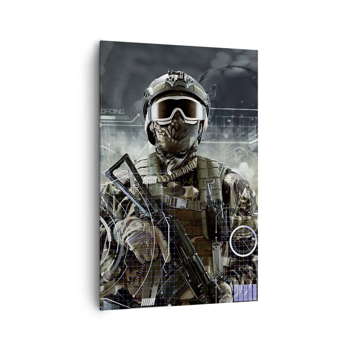Cuadro sobre lienzo - Impresión de Imagen - Un soldado con un casco futurista y una pistola en un fondo de tecnología. - 80x120cm - De poder a poder - Decoración de pared moderna para salón y dormitorio ARTTOR